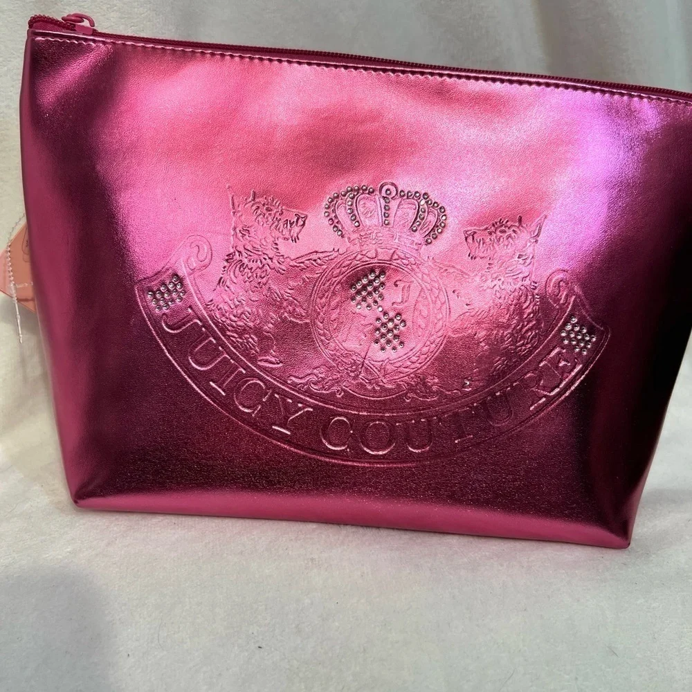 👑 🩷Juicy Couture  Pink Metallic Cosmetic Bag AND EMPTY TOILETRY BOTTLE 🩷NWT
